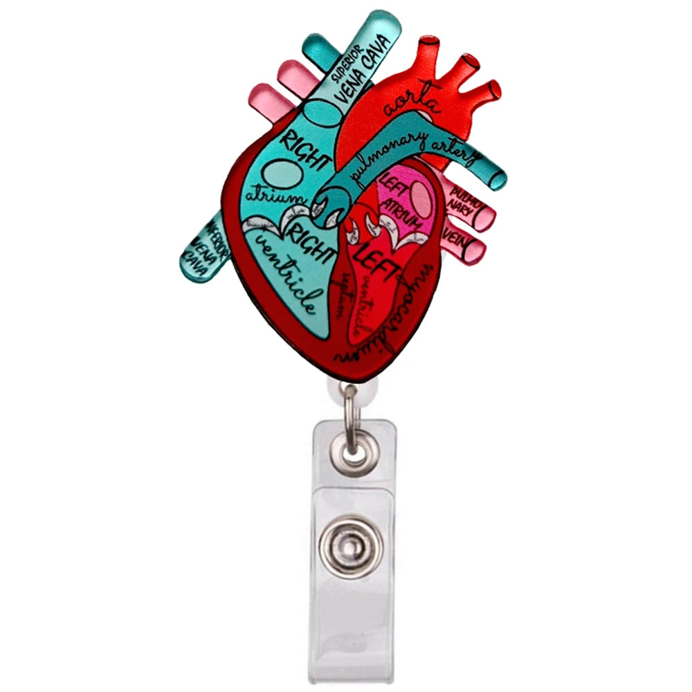 Intrikatiger Glitzer-Acryl-ID-Badge-Clip in Herzform, das die Anatomie des Herzens darstellt.