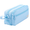 Light blue multi-layer stationery storage pencil case with a zipper and loop.