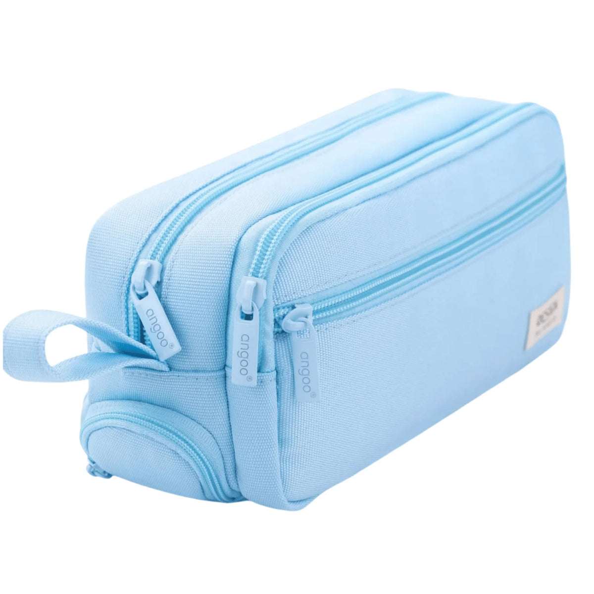 Light blue multi-layer stationery storage pencil case with a zipper and loop.