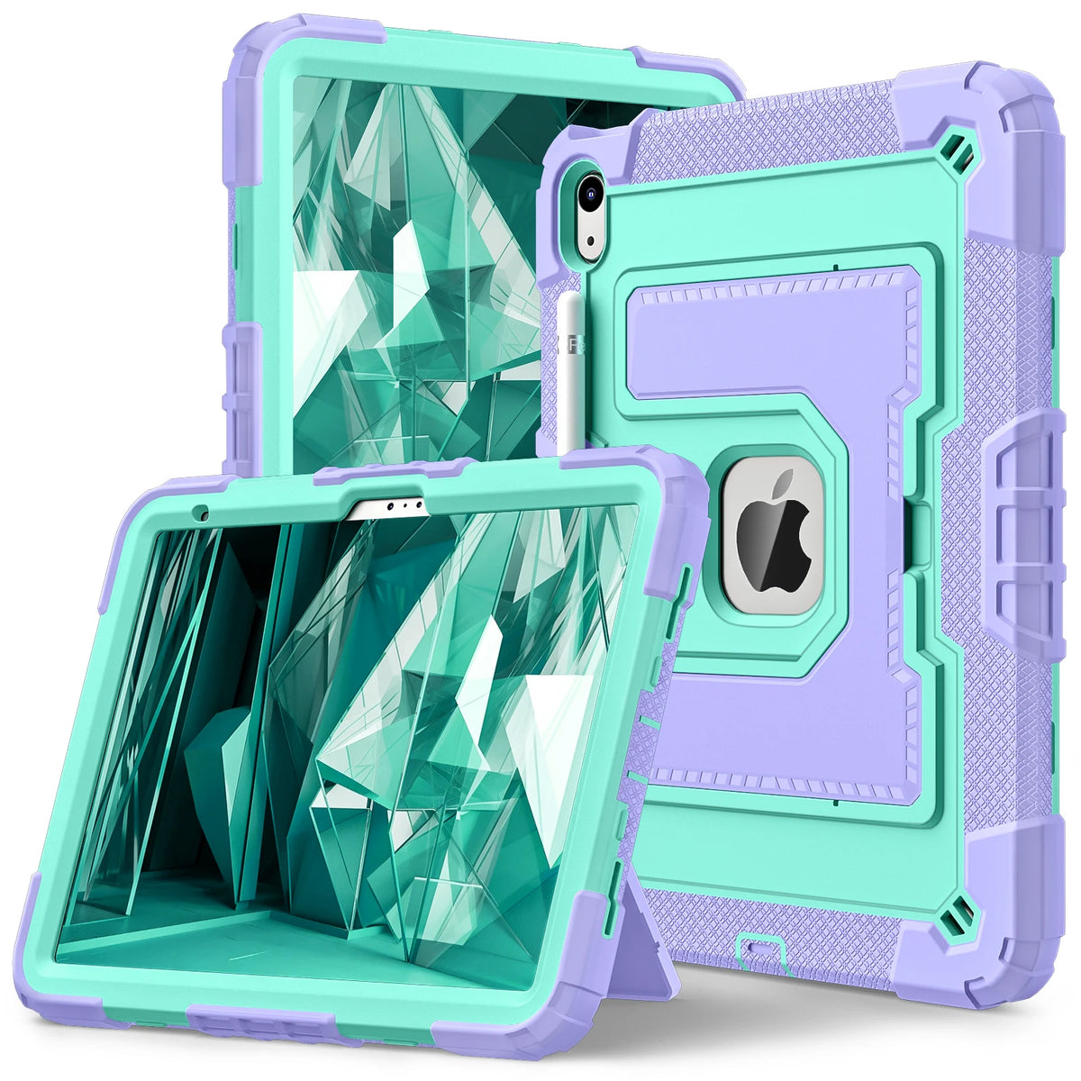 A purple silicone protective case with a stand is shown, featuring a clear display for an iPad.