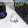 Adaptador de lector de tarjeta de memoria que conecta una cámara a una laptop para transferir fotos y videos.