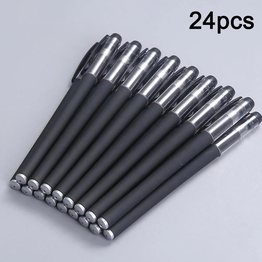 A pack of 24 black gel ink pens with silver accents arranged diagonally.