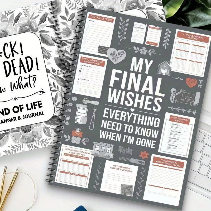 A gray planner workbook titled My Final Wishes with various lined pages and decorative elements.