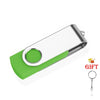 Silver metal USB 2.0 flash drive with a green protective sleeve and keyring attachment