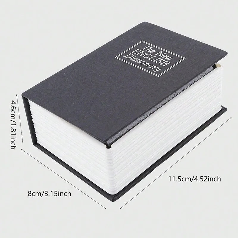 A black book-shaped piggy bank with a lid labeled The New English Dictionary shown from above.