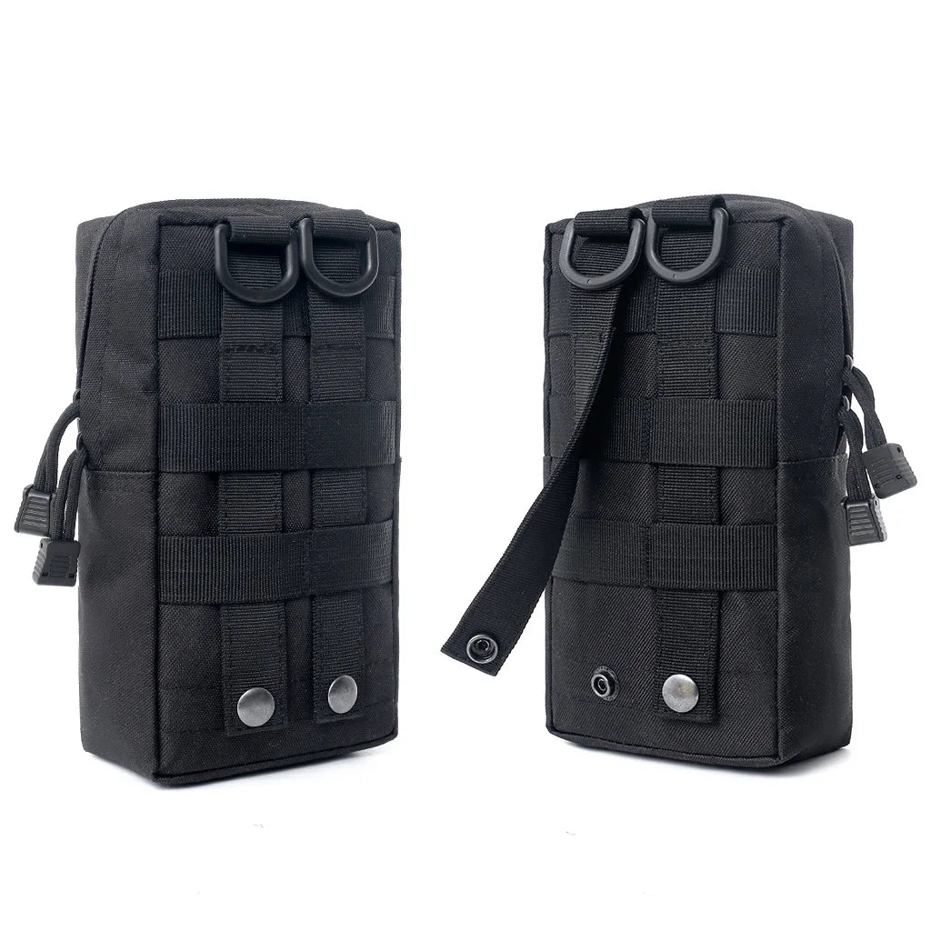 Black tactical MOLLE utility pouch with adjustable straps and snap closures