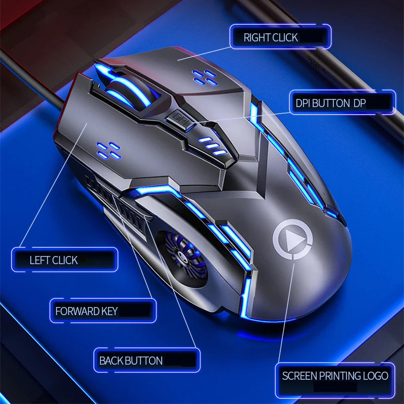 A close-up view of a dark gray wired gaming mouse with blue LED accents and various programmable buttons on a blue surface.