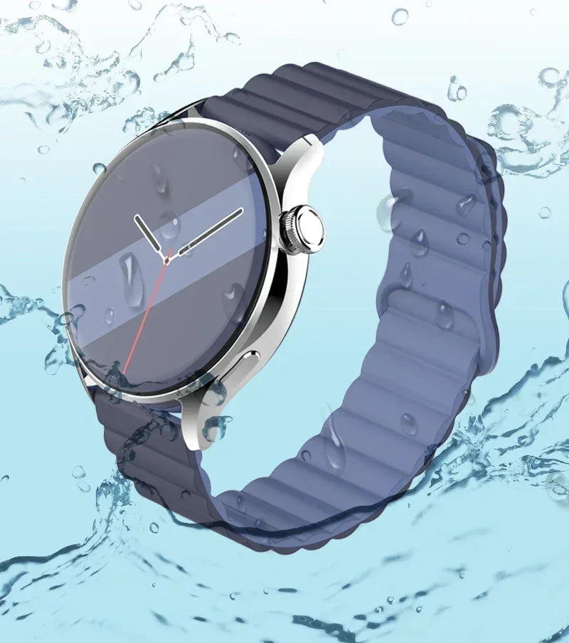 A silver-cased watch with a transparent display and a dark gray adjustable magnetic loop band is shown against a watery backg