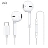 White USB C wired earbuds with microphone and charging cable shown in various forms