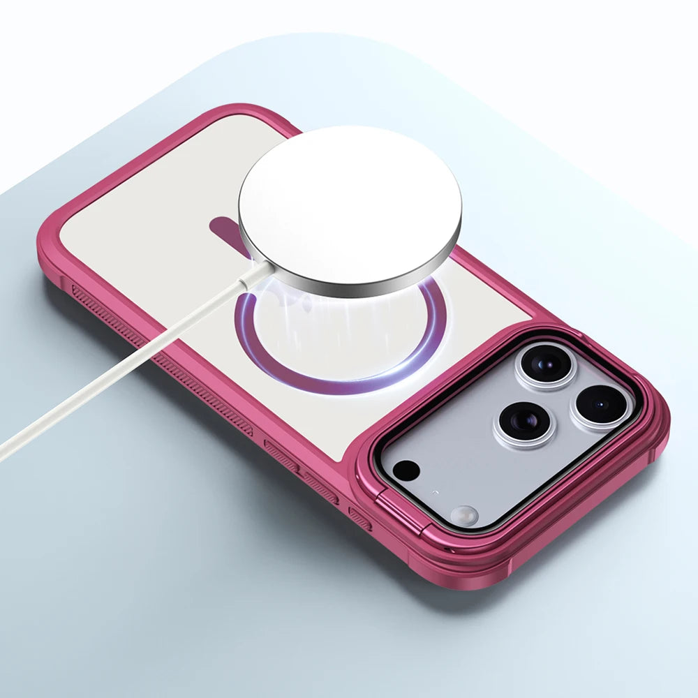 A pink magnetic shockproof iPhone case with a circular lens protection cover is shown on a light surface.