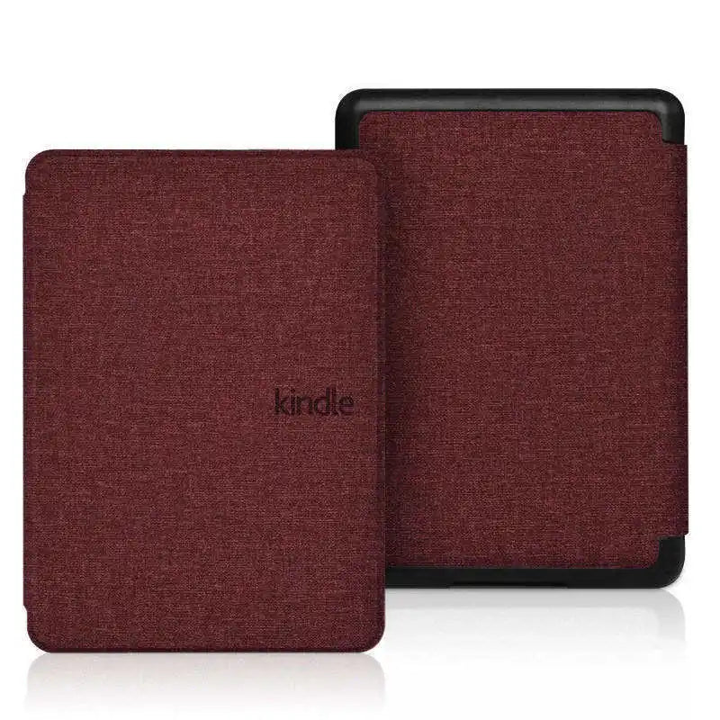 A dark red magnetic protective case for a Kindle e-reader.