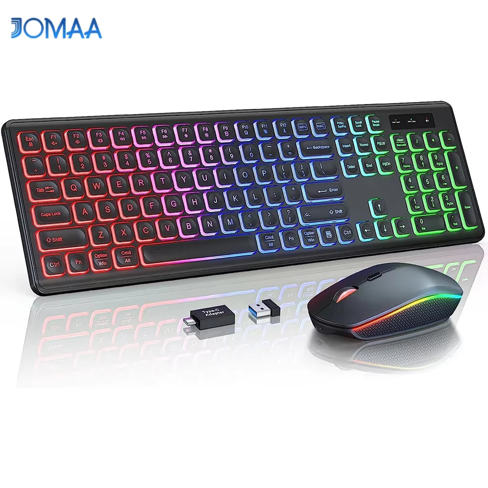 Schwarzes kabelloses RGB-Tastatur- und Maus-Set mit farbiger Beleuchtung.