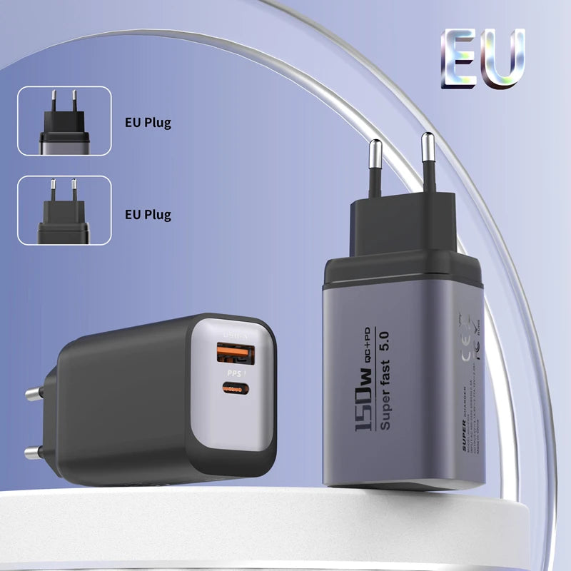 A gray wall charger with two EU plugs is shown next to a power adapter and an EU plug diagram.