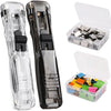A clear plastic handheld binder clip pusher with a black grip and an open box containing stainless steel refill clips.