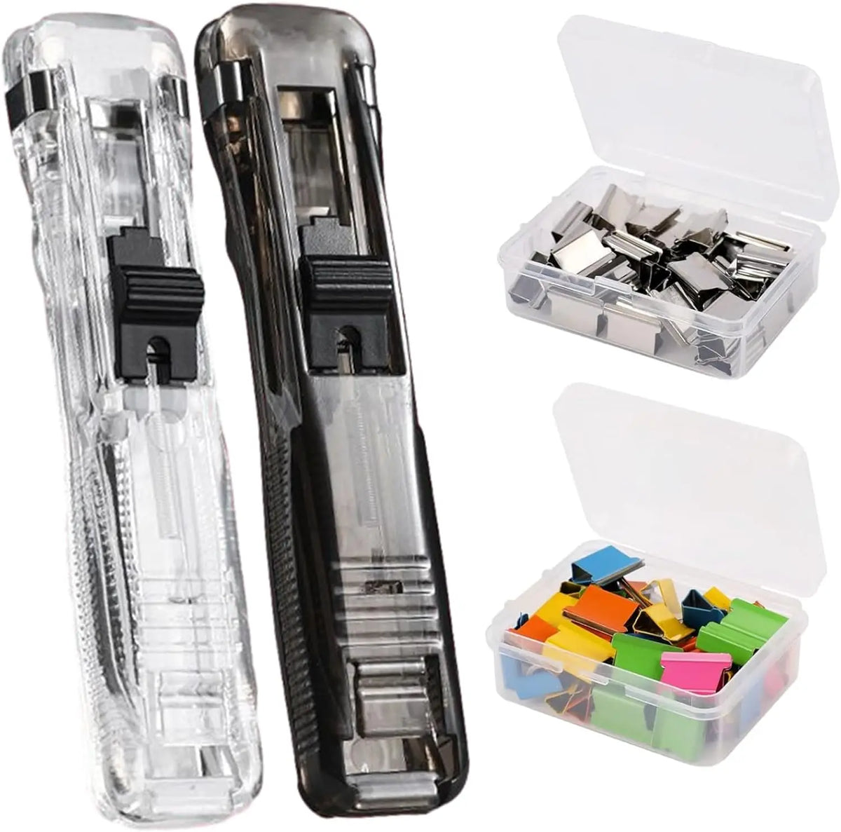 A clear plastic handheld binder clip pusher with a black grip and an open box containing stainless steel refill clips.