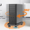 A black mobile CPU stand featuring 360-degree swivel wheels for free mobility and dust reduction.