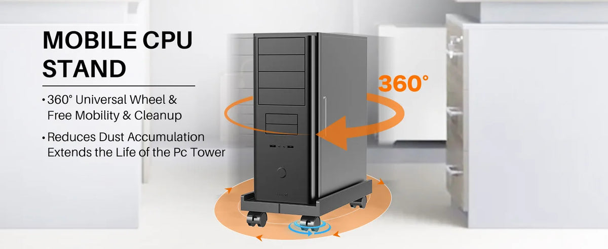A black mobile CPU stand featuring 360-degree swivel wheels for free mobility and dust reduction.