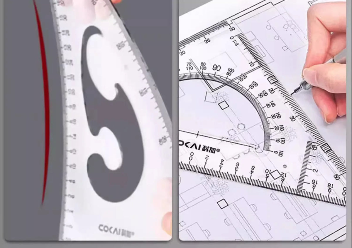 A close-up of a precision triangular drafting ruler used for drawing and measuring.