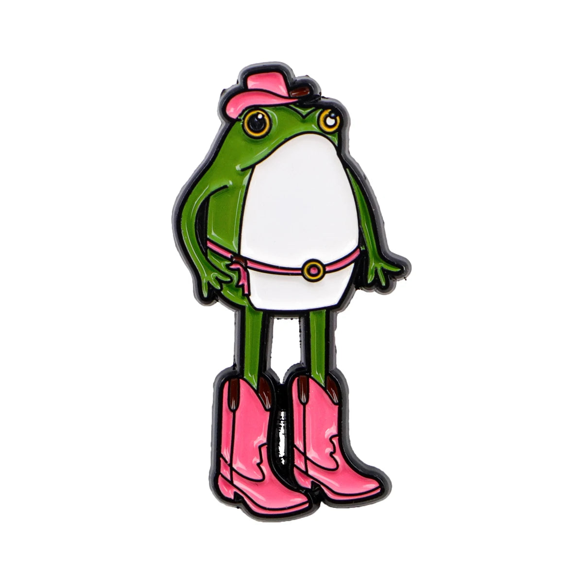 An enamel pin featuring a frog character wearing a pink hat and pink boots.
