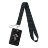Black patterned fabric lanyard with a black tag and silver clasp