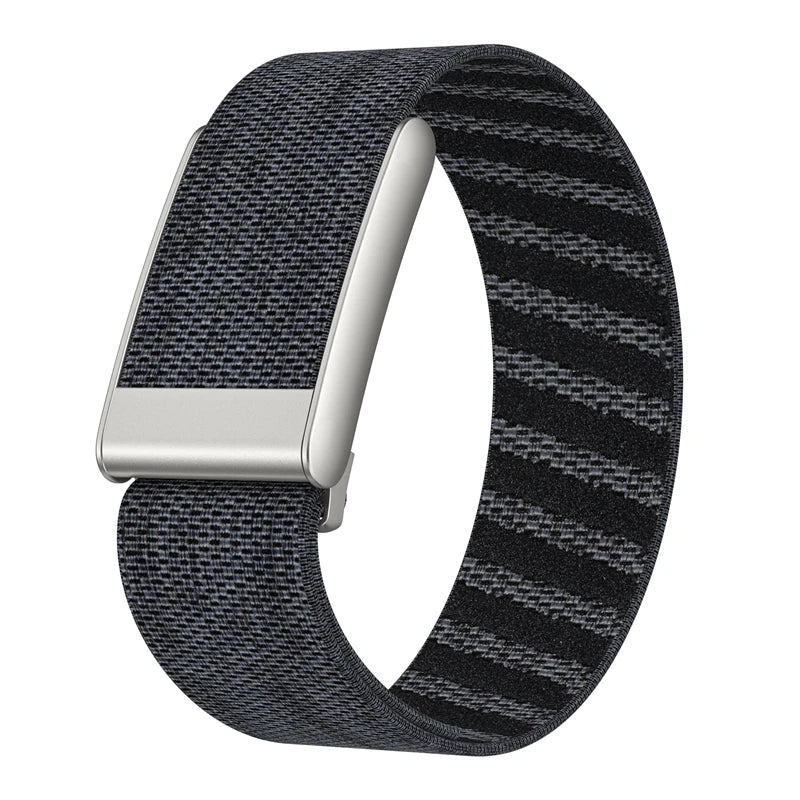 A black nylon braided strap for a watch, featuring a silver buckle and textured surface.