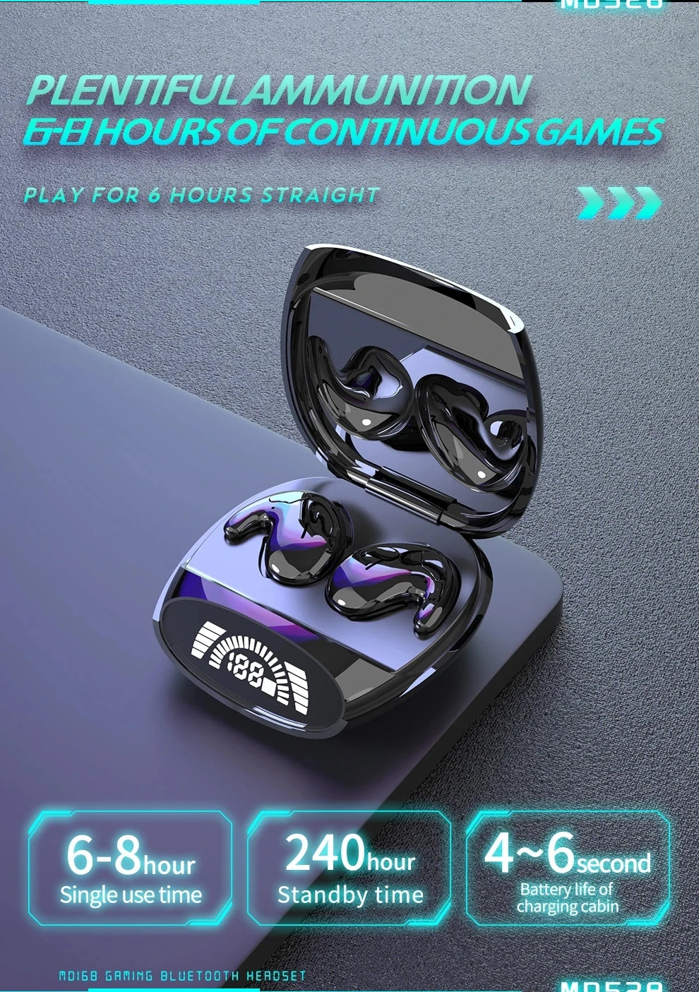 A pair of sleek, silver wireless earbuds are shown open inside their charging case on a dark surface.