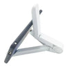 A white foldable adjustable tablet stand with a dark gray arm, designed to hold devices like iPads and phones.
