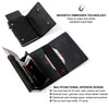 A black slim leather wallet is shown open, displaying card slots and cash storage features.