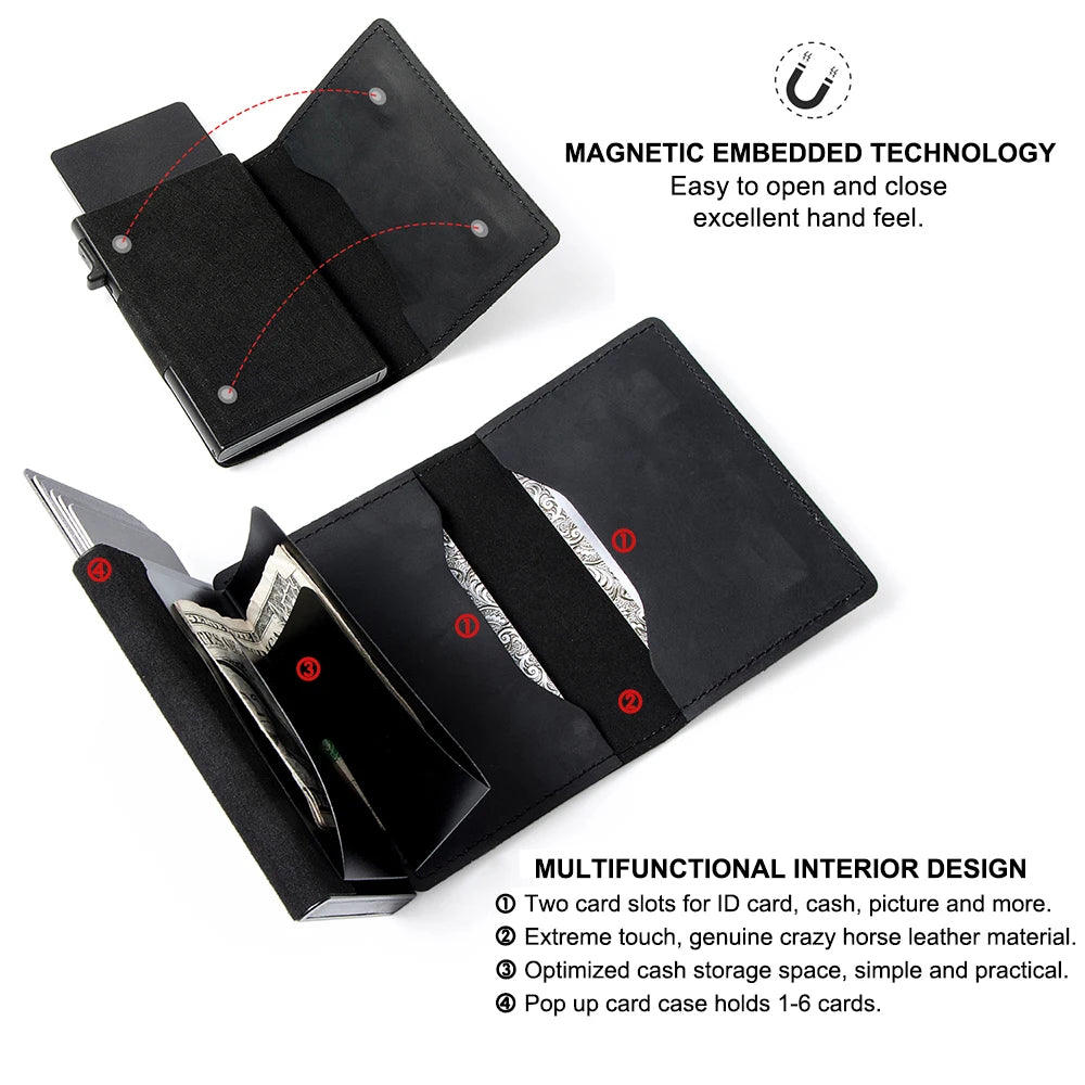A black slim leather wallet is shown open, displaying card slots and cash storage features.