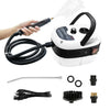 A handheld steam cleaner device and various accessories including a hose, nozzle, and cleaning heads.