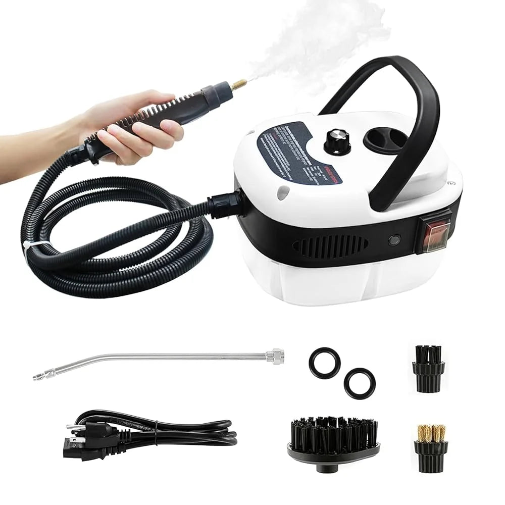 A handheld steam cleaner device and various accessories including a hose, nozzle, and cleaning heads.