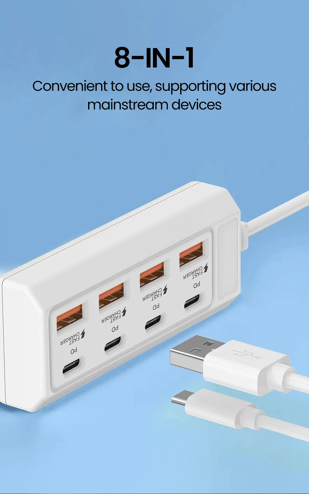 A white 8-in-1 USB wall outlet adapter with multiple ports for fast charging mainstream devices.