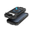 A black portable solar power bank charger with a blue lightning bolt icon on the top surface.