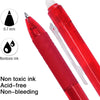 A red retractable gel pen with a silver tip and a clear plastic sleeve, shown next to specifications for non-toxic ink.