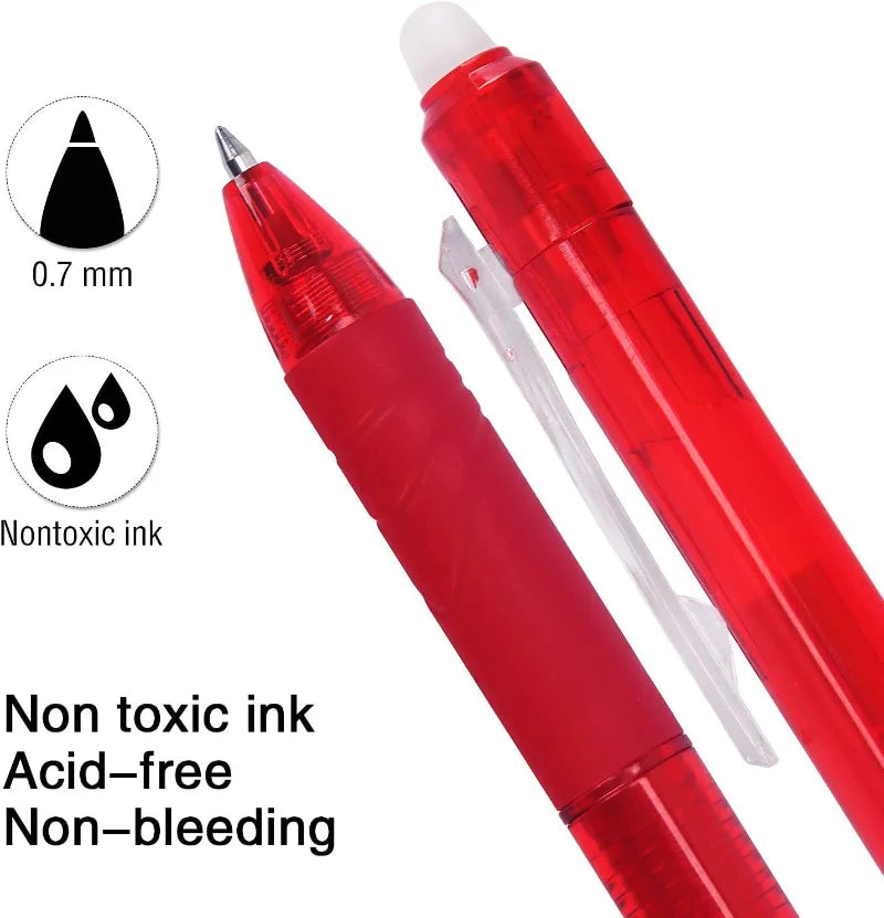 A red retractable gel pen with a silver tip and a clear plastic sleeve, shown next to specifications for non-toxic ink.
