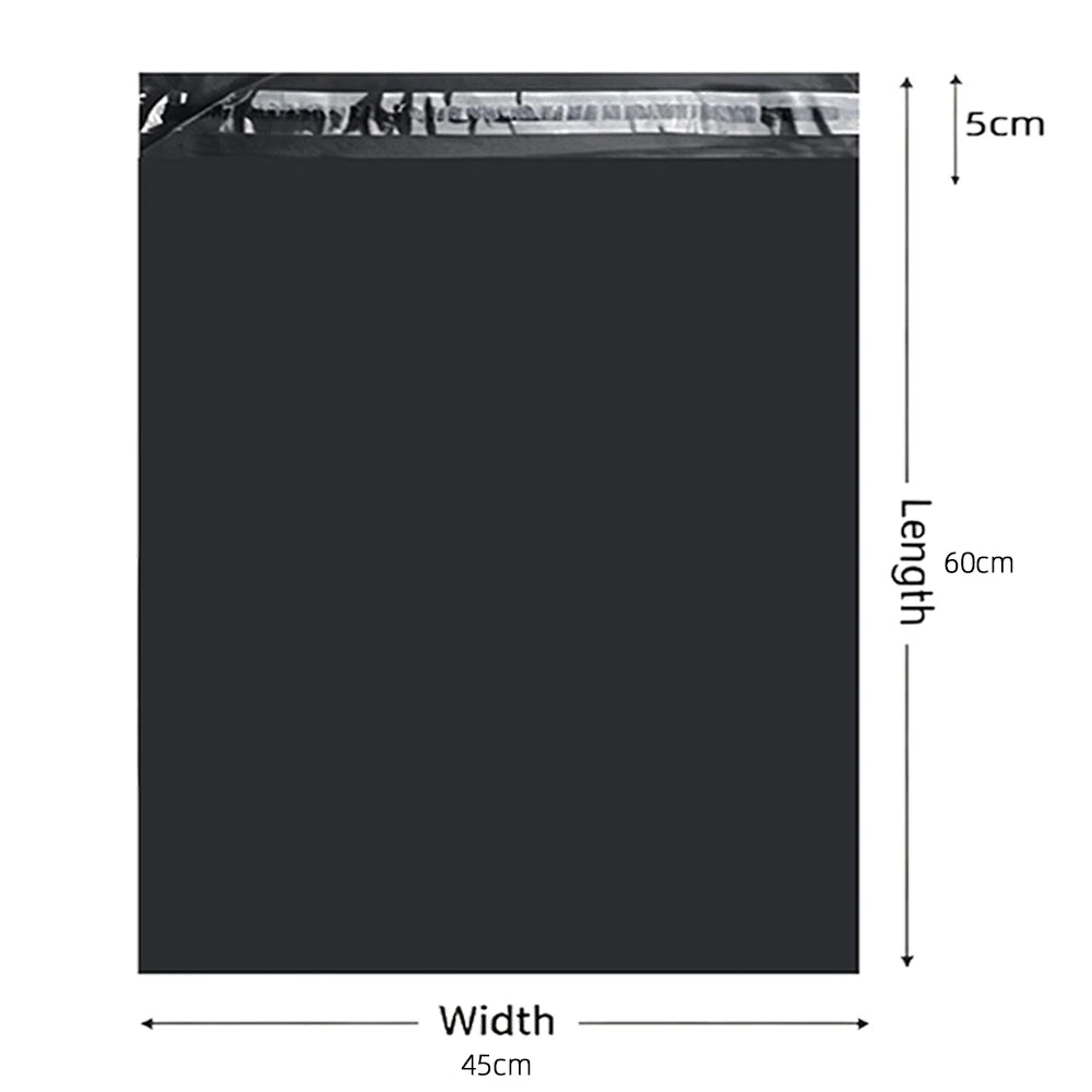 A black poly mailer with a clear window showing the contents, measuring 60cm long and 45cm wide.