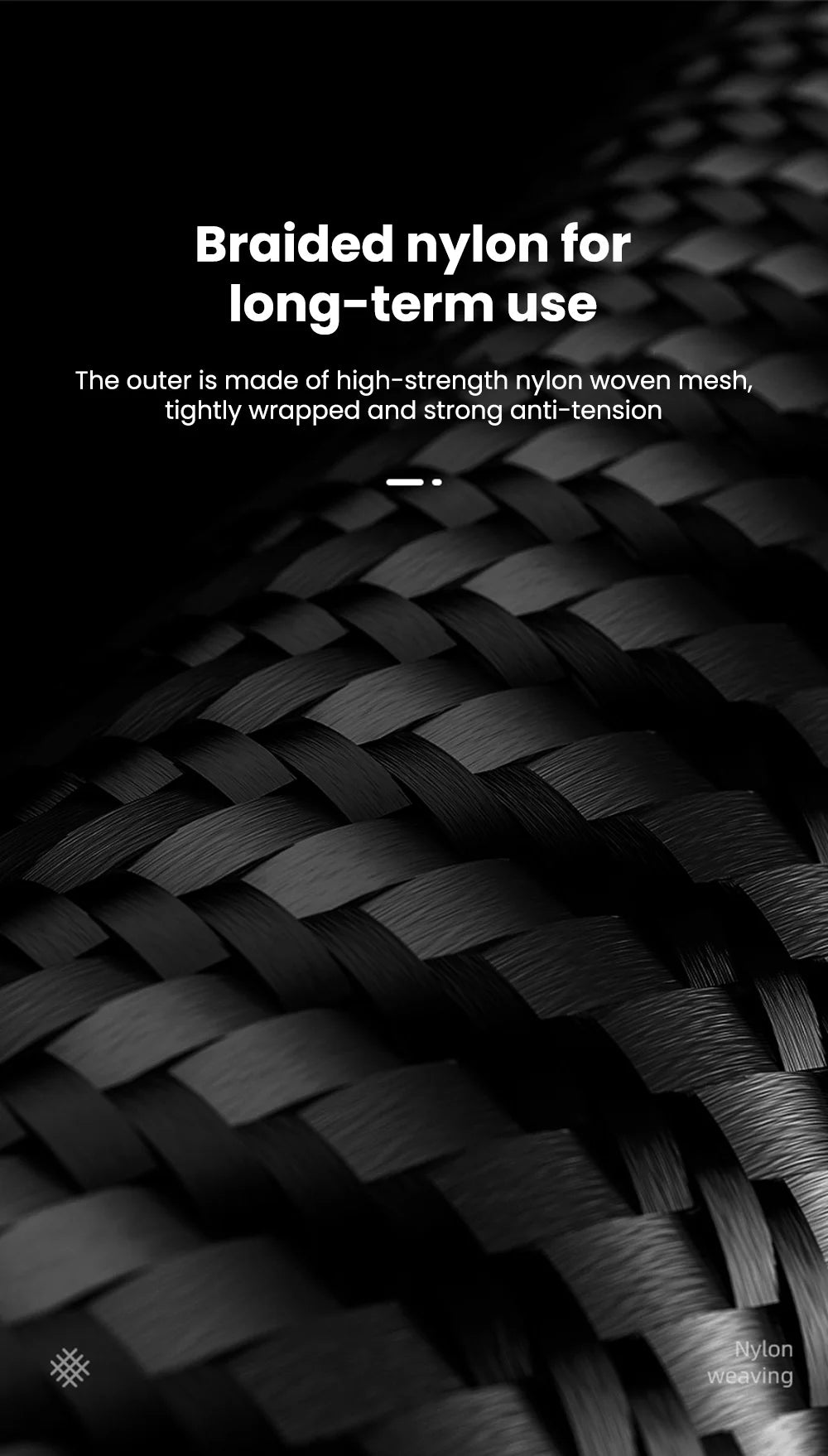 Close-up of black braided nylon for long-term use, showing the tight weave texture.