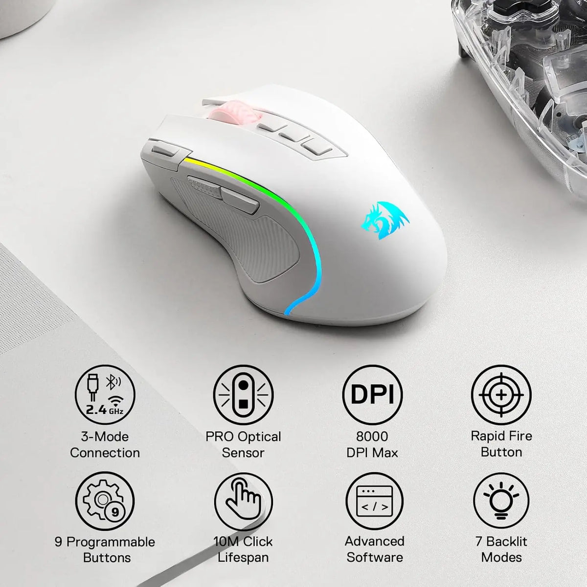 Ratón para jugar blanco con acento azul, mostrando características como DPI y botones programables.