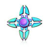A rainbow metal fidget spinner with iridescent blue and purple accents.