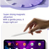 A hand is using a white stylus pen to attach a purple magnetic accessory to a tablet or smartphone.