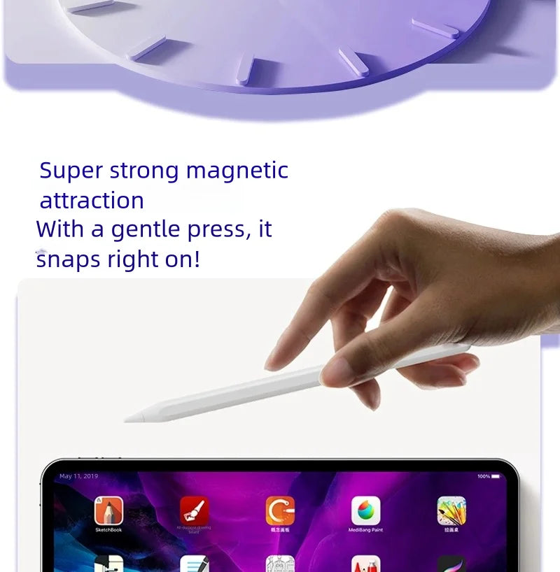 A hand is using a white stylus pen to attach a purple magnetic accessory to a tablet or smartphone.
