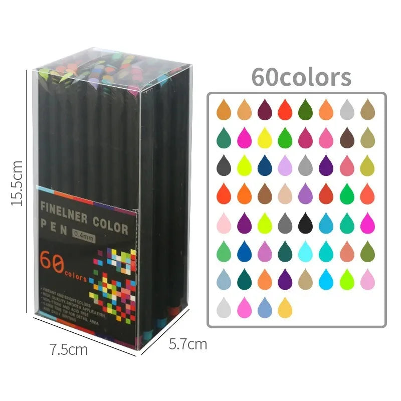 A box of 60 fine line marker pens with 0.4mm tips showing various colors arranged in a grid.