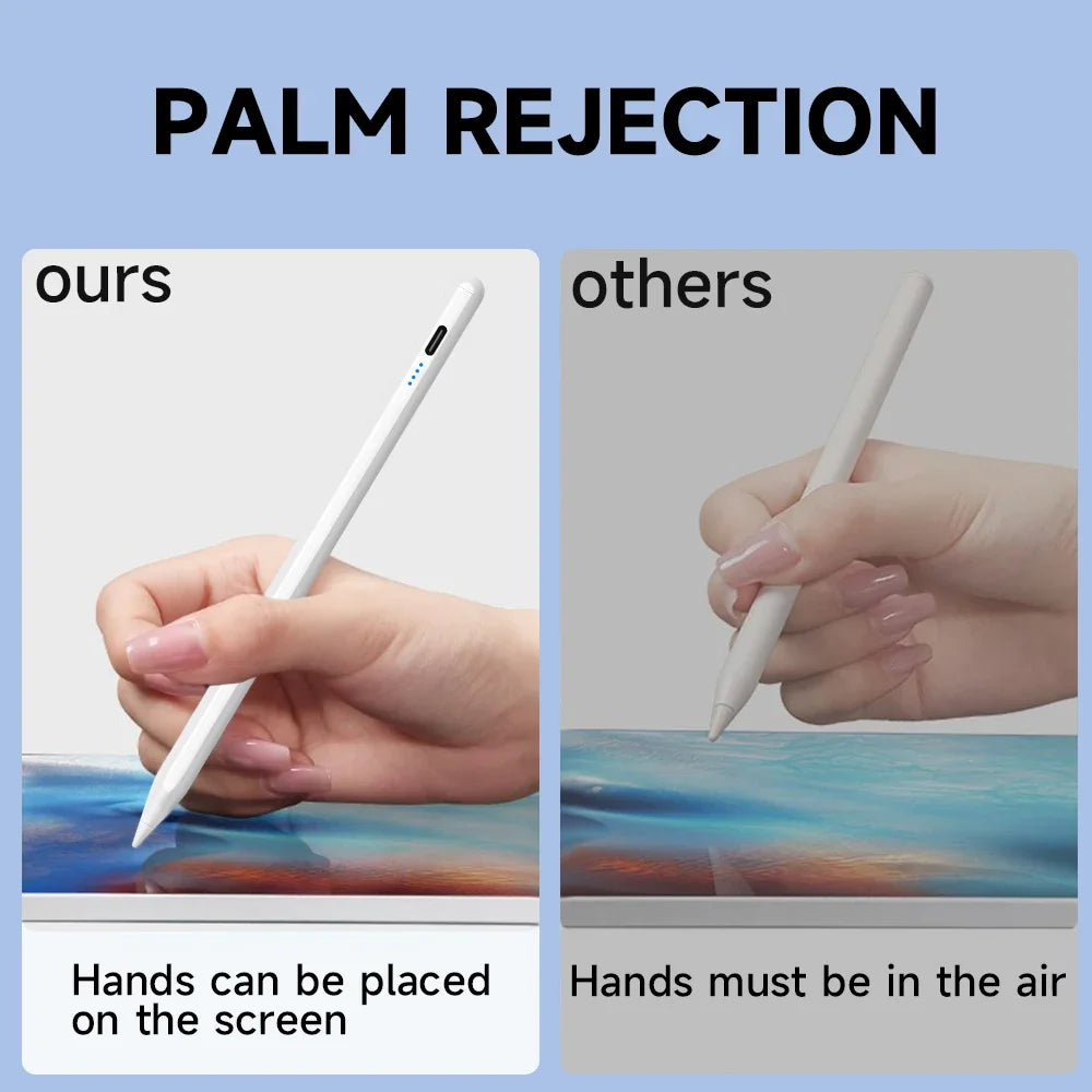 Comparison showing a palm rejection stylus pen used on a screen versus others requiring hands in the air.