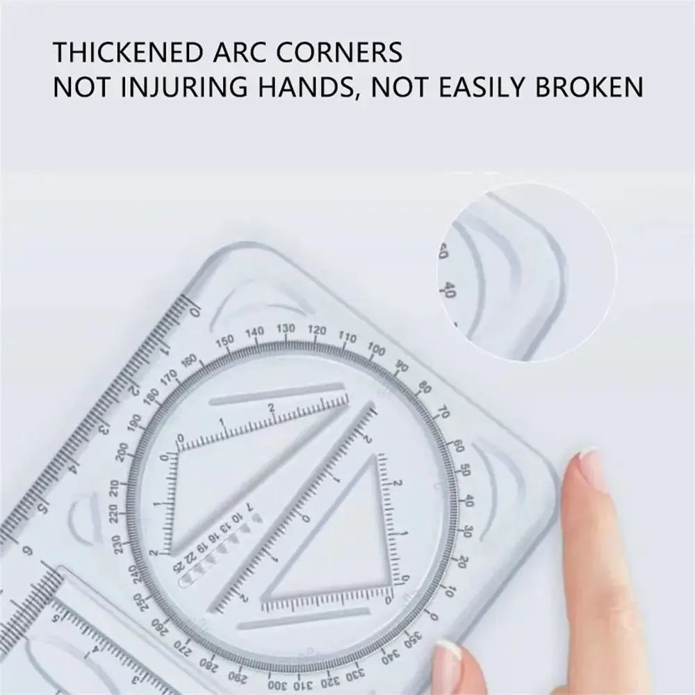A hand holds a clear geometric drawing ruler with marked angles and a rotating feature on a white surface.