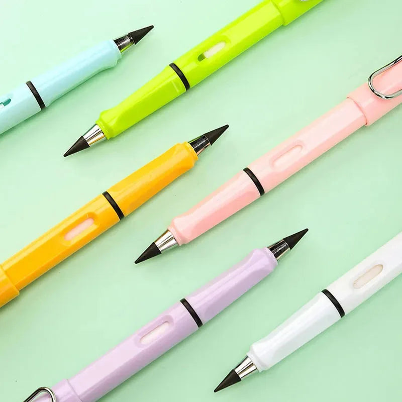 Collection de crayons à écrire illimités colorés, dans diverses nuances : jaune, vert, rose et blanc.