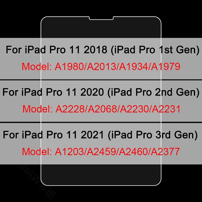 Comparison chart showing model numbers for three generations of iPad Pro 11