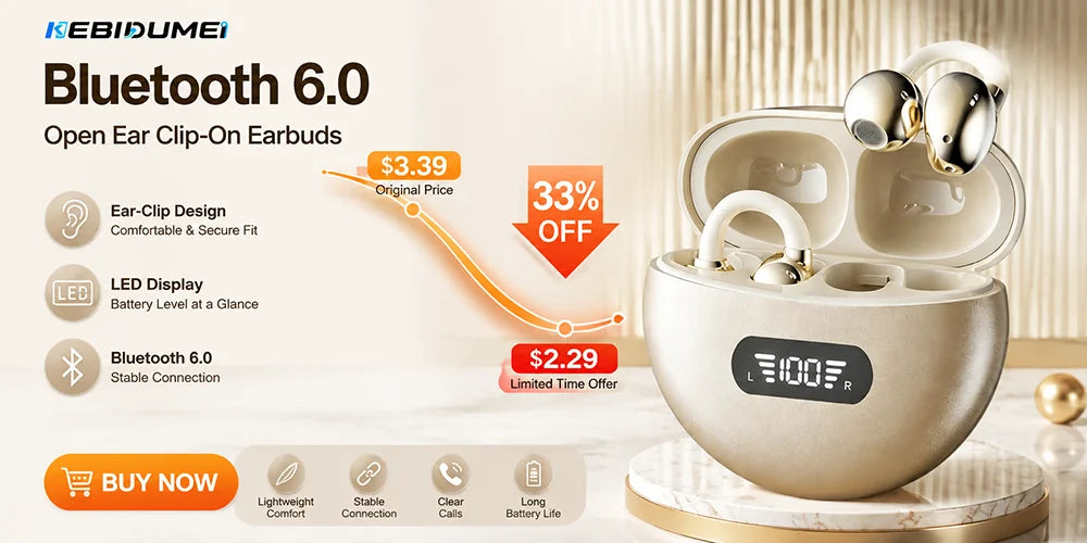 Étui et écouteurs Bluetooth 6.0 beige, clipsables, sur une surface blanche.