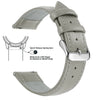 A gray genuine leather watch band featuring quick release spring bars and a silver buckle.