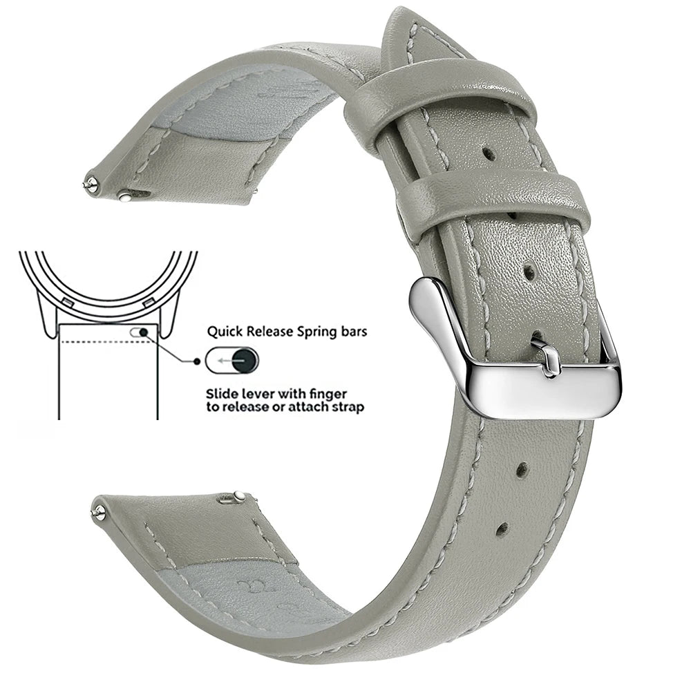 A gray genuine leather watch band featuring quick release spring bars and a silver buckle.