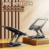 A black foldable and liftable stand for a tablet or laptop, demonstrating 360 degree rotation.